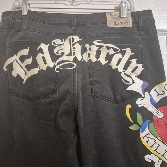 Ed Hardy Black WIDE Straight Leg Jeans with Heart Graphic 34 X 30 - Picture 10 of 11